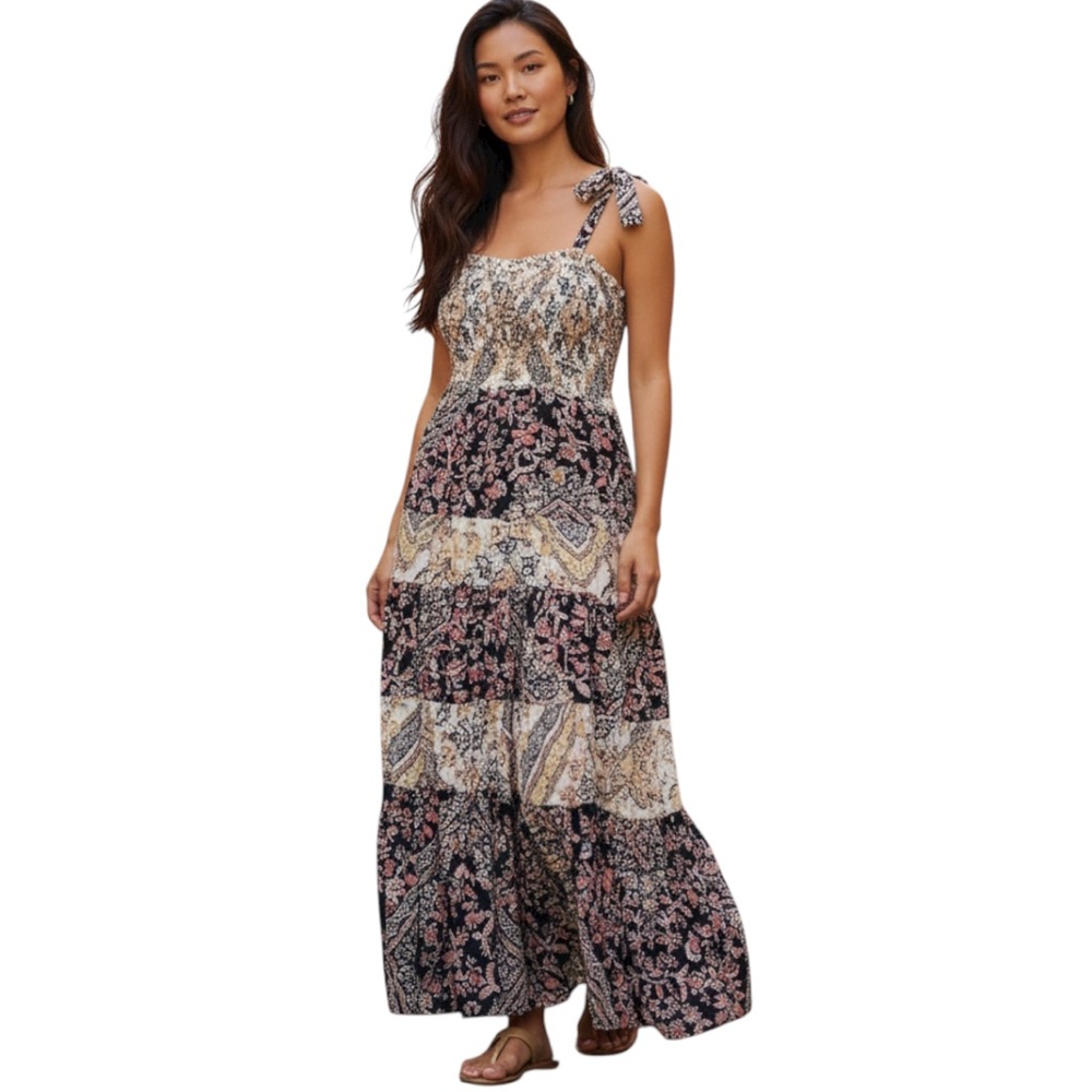 Abel The Label Anthropologie Tiered Maxi Dress Smocked Bodice M EUC Boho Fairy